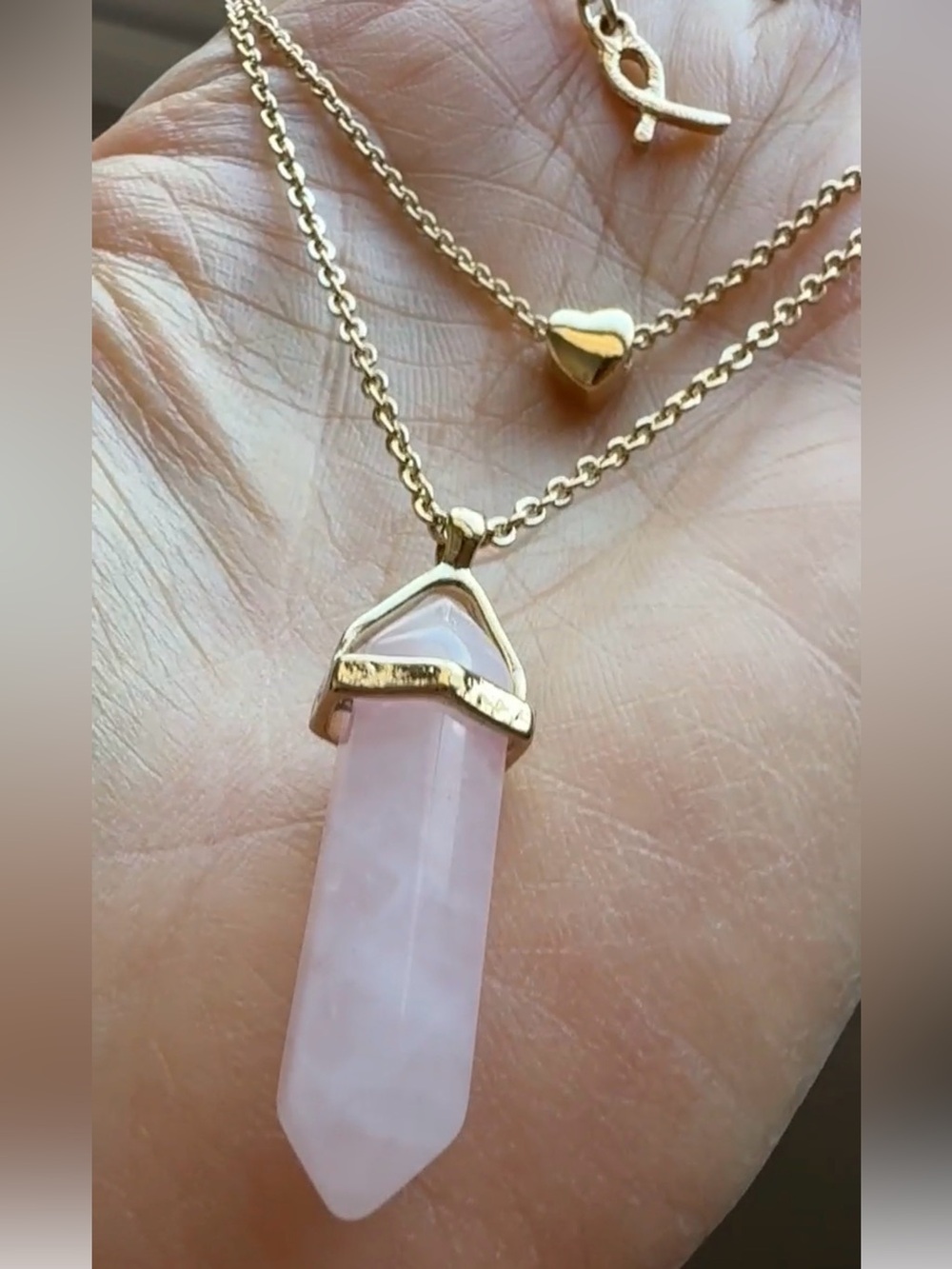Vintage Avon Rose Quartz Layered Necklace Gold Heart Crystal Point NIB Gift